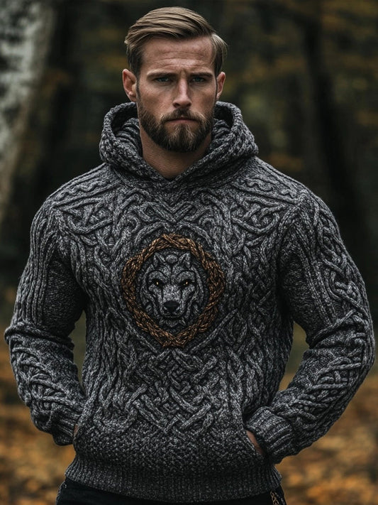 Men's Viking Wolf Celtic Cozy Chunky Hooded Sweater elevenforest