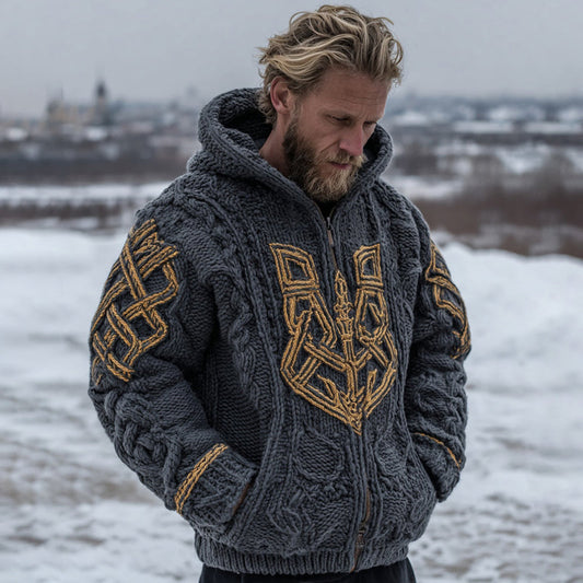 Men's Viking Celtic Knot Chunky Knit Zip Up Hooded Sweater artswardrobe