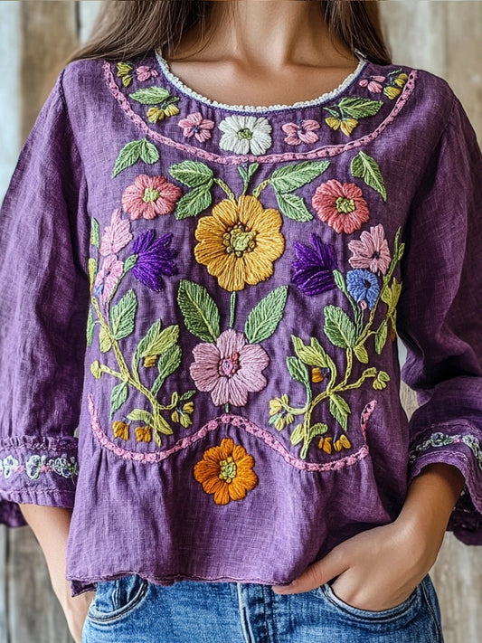 Purple Ethnic Floral Embroidery Vintage Women's Linen Shirt artswardrobe