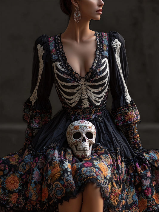 Comstylish Day Of The Dead Skeleton Floral Embroidered Flowy Linen Dress