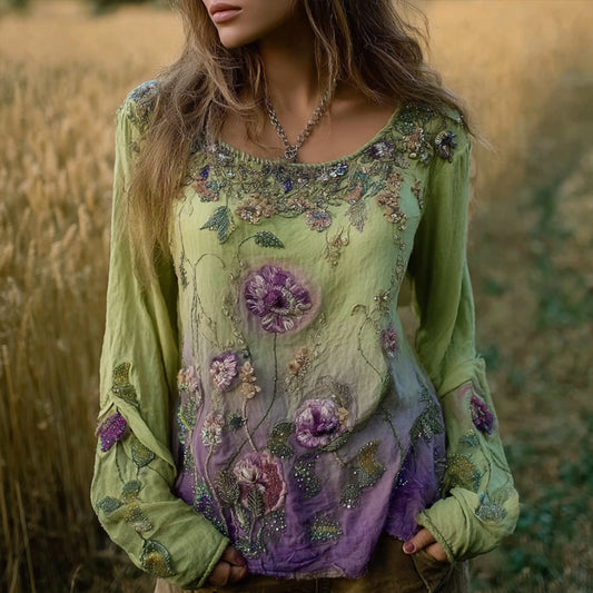 Comstylish Bohemian Style Embroidered Plant Vitality Round Neck Long Sleeve Casual Vintage Top