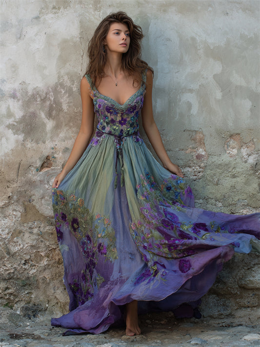 Classy Floral Embroidered Purple Gradient Flowy Linen Maxi Dress artswardrobe