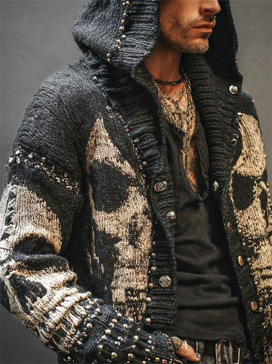 Men's Rock Style Skulls Studded Knit Hooded Cardigan artswardrobe