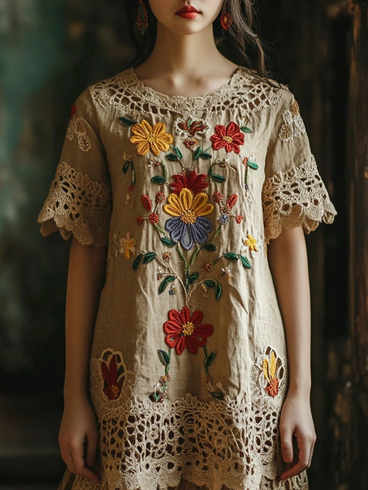 Vintage Lace Floral Embroidery Women's Linen Dress artswardrobe