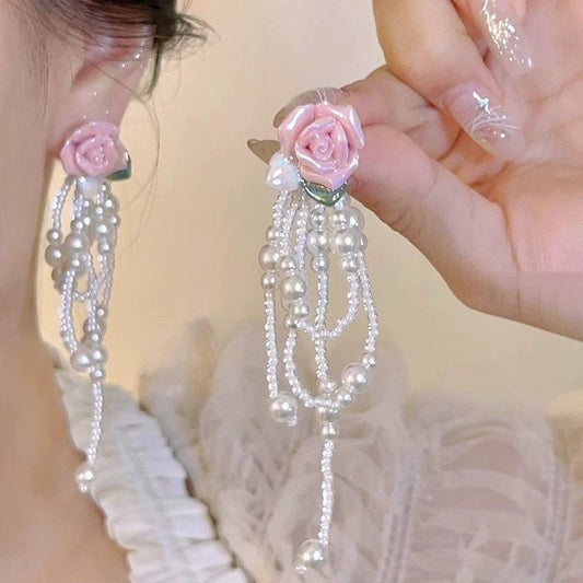 Comstylish Vintage Alloy Pearl Rose Tassel Earrings