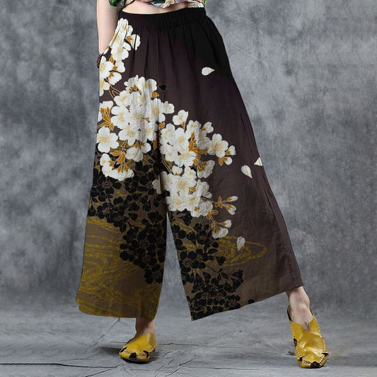 Comstylish Women's Retro Floral Art Print Cotton and Linen Comfortable Wide Leg Pants