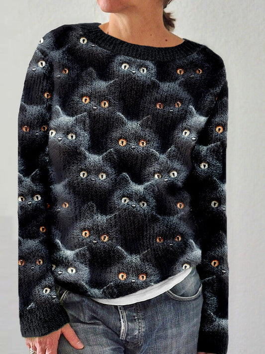 Cute Black Cats Felt Art Cozy Knit Sweater elevenforest