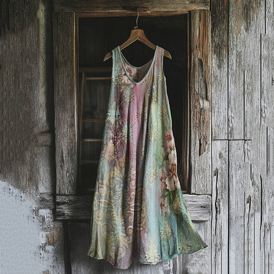 Vintage Flower Art Linen Blend Tank Midi Dress artswardrobe