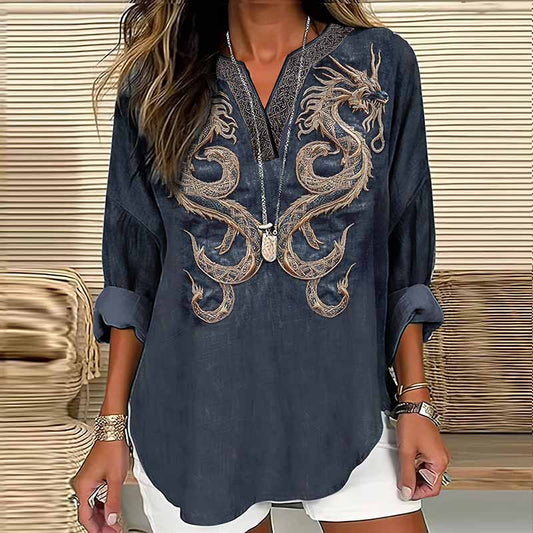 Comstylish Women's Viking Dragon Embroidery Art Linen Print Casual Shirt