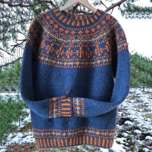 Unisex Vintage Icelandic Blue Knit Jacquard Warmth Crew Neck Sweater elevenforest