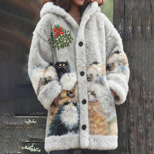 Women's Cat Art Cozy Knit Hooded Sweater Cardigan elevenforest