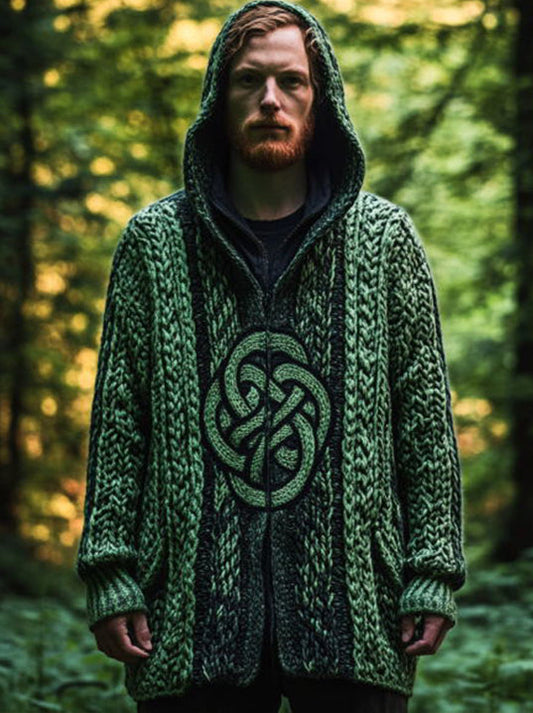 Men's Celtic Knot Jacquard Vintage Knit Hooded Cardigan elevenforest