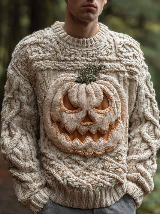 Halloween Pumpkin Light Art Men's Chunky Knit Crew Neck Sweater artswardrobe