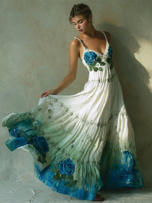 Elegant Boho Floral Gradient Embroidery Women's Spaghetti Strap Maxi Dress artswardrobe