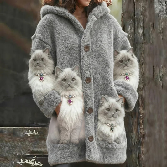 Comstylish Cat Wearing Pearl Necklace Thick Hooded Cardigan Long Sweater