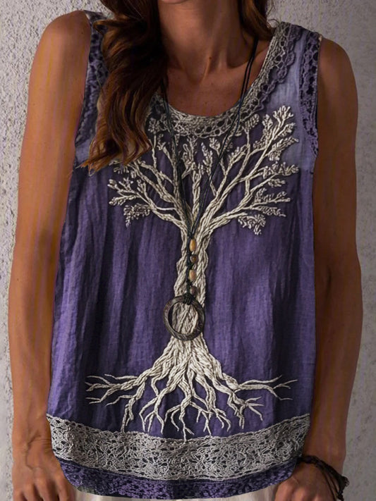 Tree Of Life Lace Embroidered Women's Linen Tank Top artswardrobe