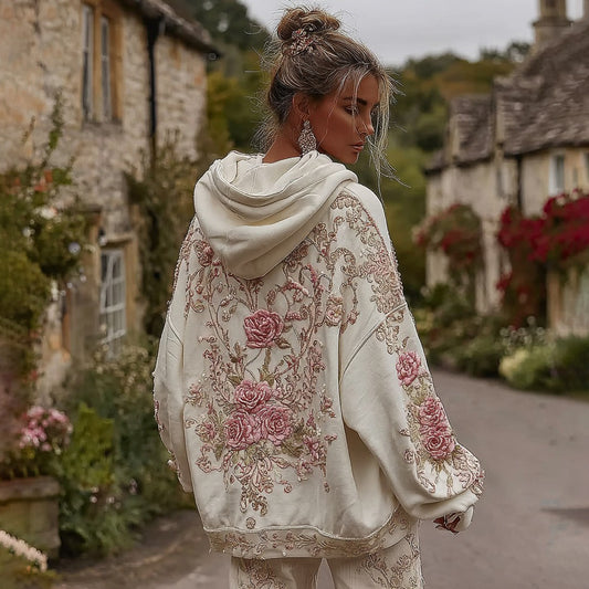 Comstylish Women's Rose Floral Embroidered Casual Hoodie