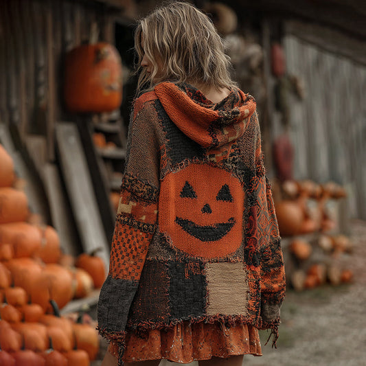 Patchwork Halloween Pumpkin Face Art  Cozy Knit Hooded Cardigan elevenforest