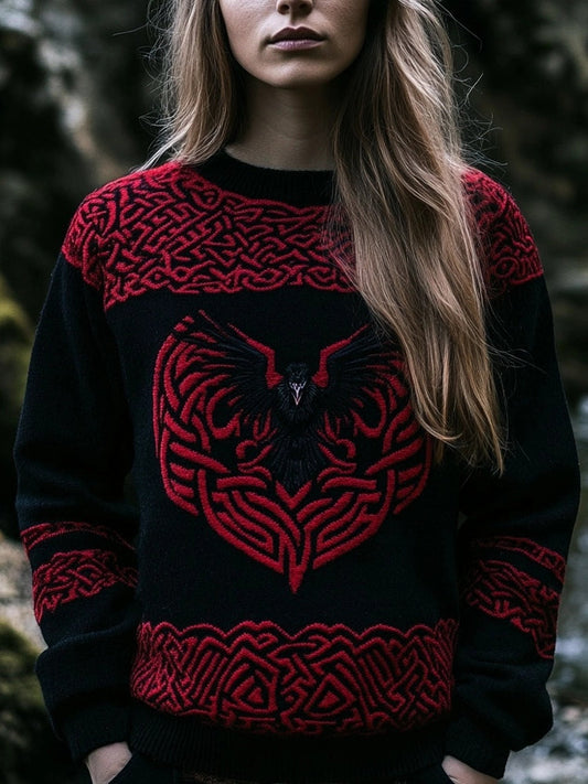 Viking Raven Inspired Jacquard Retro Crew Neck Cozy Sweater elevenforest