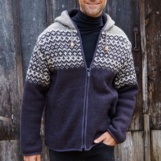 Leisure Color Blocking Iceland Jacquard Zipper Hooded Sweatshirt elevenforest