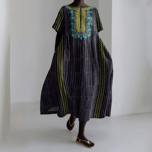 Vintage Tribal Print Women's Linen Dress artswardrobe