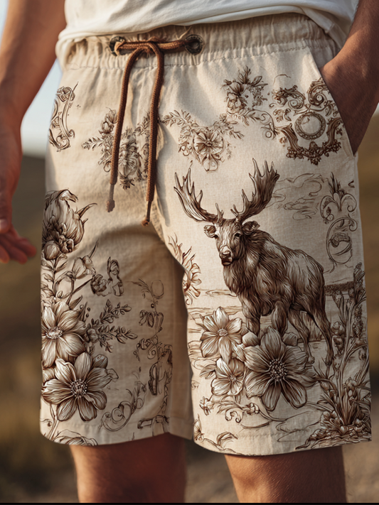 Western-style Retro Cotton And Linen Men's Casual Shorts With Floral And Animal Elements. artswardrobe