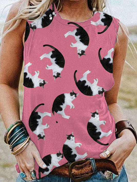 Women's Casual Pink Milk Cat Print Vest elevenforest