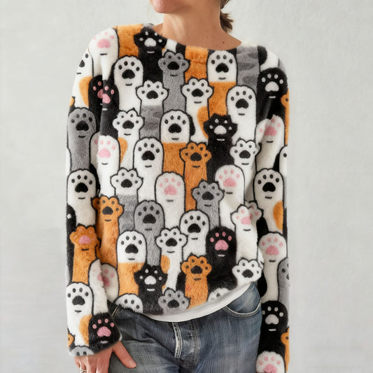 Comstylish Cute Cat Paws Pattern Round Neck Cozy Plush Sweatshirt