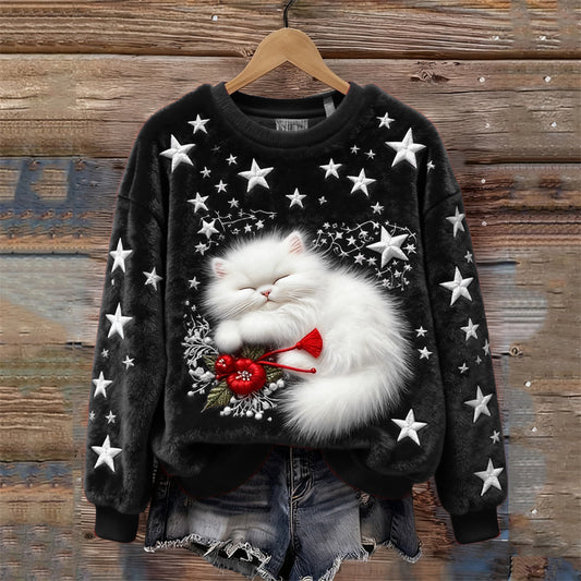 Comstylish Christmas Sleeping Fuzzy Cat Stars Embroidered Cozy Plush Sweatshirt