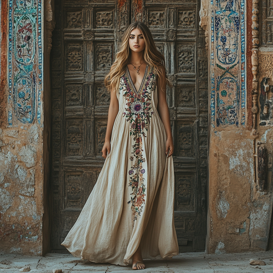 Women Fashion Ethnic Floral Art Sleeveless Dress artswardrobe