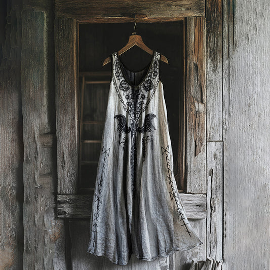 Women's Vintage Viking Raven Rune Print Cotton And Linen Dress artswardrobe