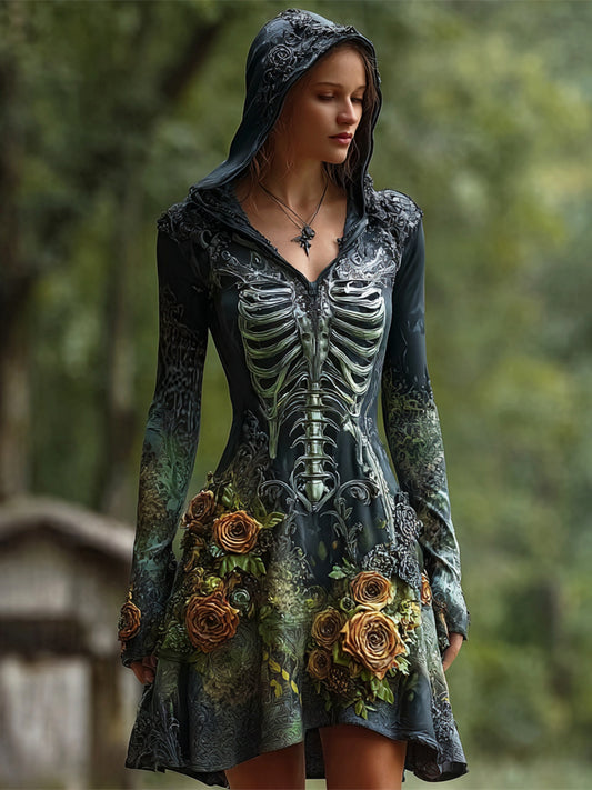 Comstylish Halloween Vintage Rose Skeleton Dark Art Women's Hooded Mini Dress