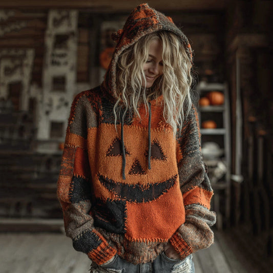 Halloween Pumpkin Face Patchwork Stitched Cozy Knit Hooded elevenforest