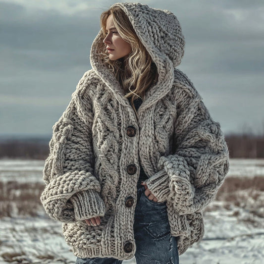 Women's Fair Isle Chunky Knit Warm Button-down Hooded Cardigan elevenforest