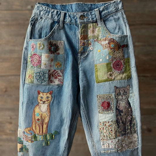 Comstylish Women's Vintage Cat Embroidery Jeans