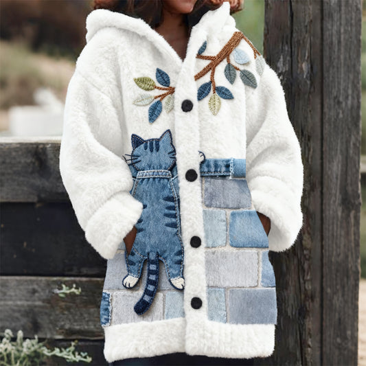 Comstylish Lovely Cat Denim Patchwork Art Cozy Plush Hooded Cardigan