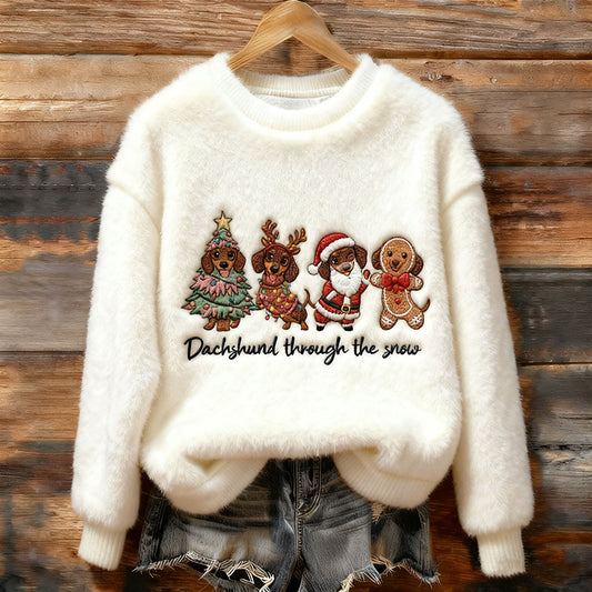 Comstylish Christmas Snow-themed Dachshund Pattern Warm Fleece Sweater