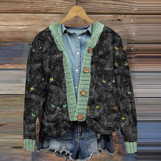 Funny Black Cat Print Women's Cardigan Sweater elevenforest