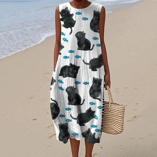 Comstylish Cute Black Cat And Fish Art Pattern Linen Tank Dress