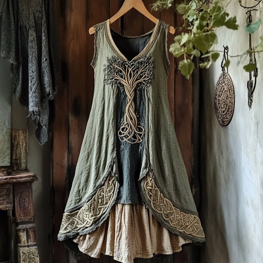 Viking Tree Of Life Celtic Knot Patchwork Art Linen Tank Dress artswardrobe