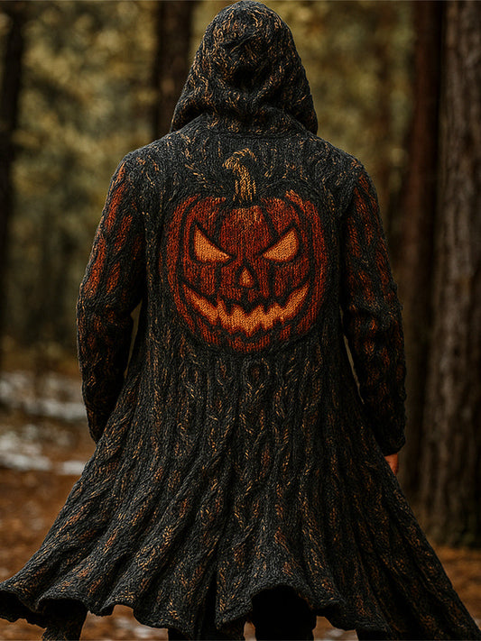 Halloween Pumpkin Lights Men's Chunky Knit Hooded Long Cardigan elevenforest