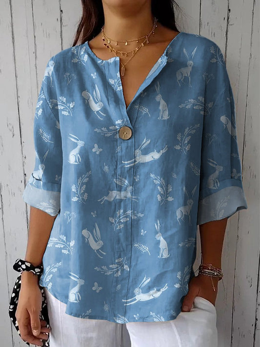 Spring Woodland Rabbit Repeat Pattern Printed Women's Casual Cotton Linen Shirt