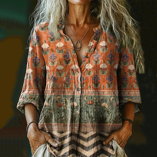 Women's Vintage Floral Collage Art Pattern Print Casual Cotton And Linen Shirt artswardrobe