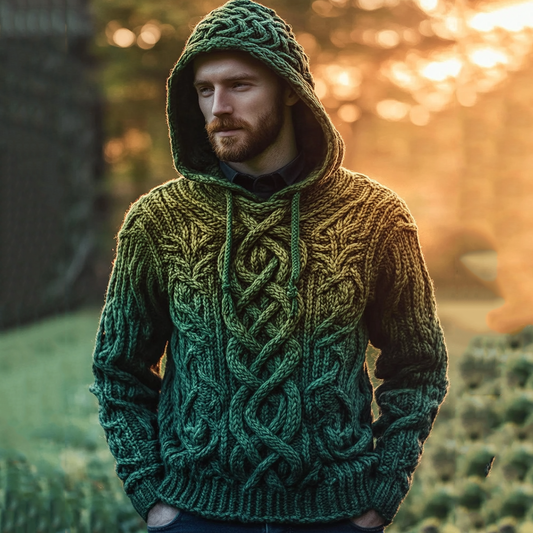 Men's Vintage Irish Celtic Knot Jacquard Mottled Hooded Sweater elevenforest