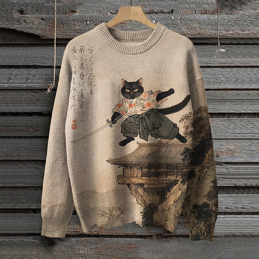 Men's Japanese Black Cat Warrior Practicing Sword On The Roof Print Knit Sweater elevenforest