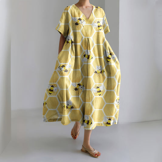 Women's Vintage Bee Art Print Casual V Neck Dress artswardrobe