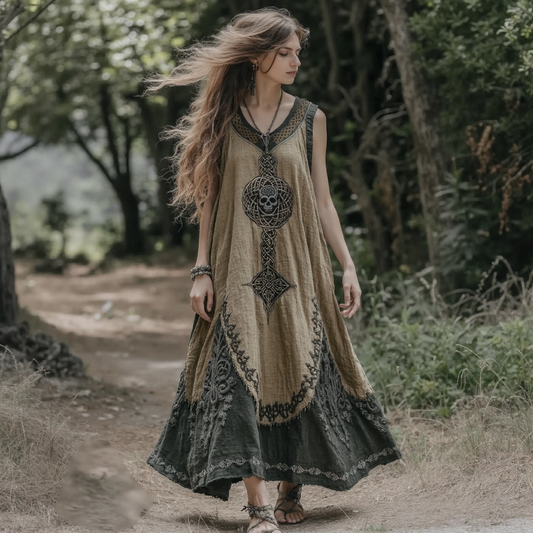 Vintage Tribal Viking Celtic Knot Linen Blend Tank Midi Dress artswardrobe