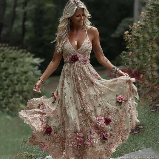 Comstylish Women's Vintage Rose Floral Embroidery Art V-neck Suspender Maxi Dress