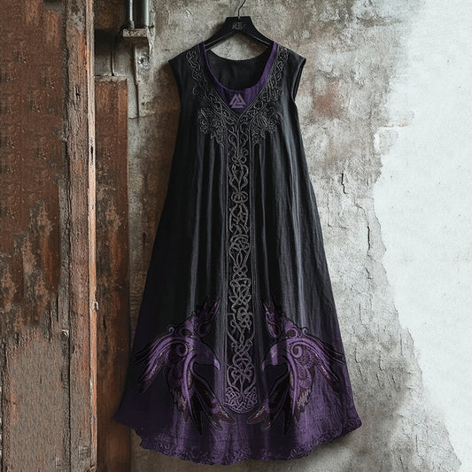 Women's Vintage Viking Raven Celtic Knot Art Linen Dress artswardrobe