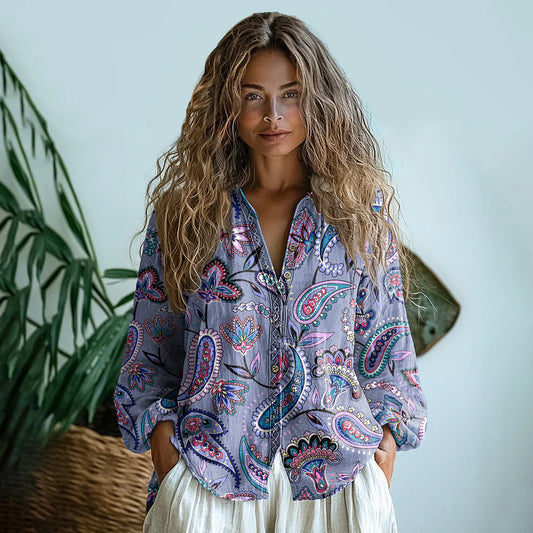 Comstylish Bohemian Style Paisley Linen Print Long Sleeve Shirt
